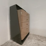 Italian Light Luxury Tall Sideboard with Five Textured Drawers Rounded Dark Frame Open Display Shelf and Gold-Trimmed Pulls
